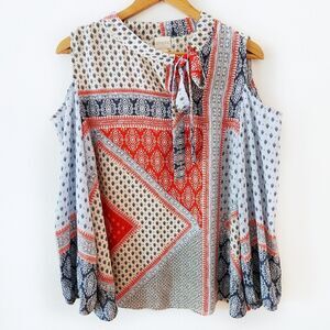 Chico's Mixed Print Tie Neck Cold Shoulder Blouse Shirt Top Bohemian Size 2 L
